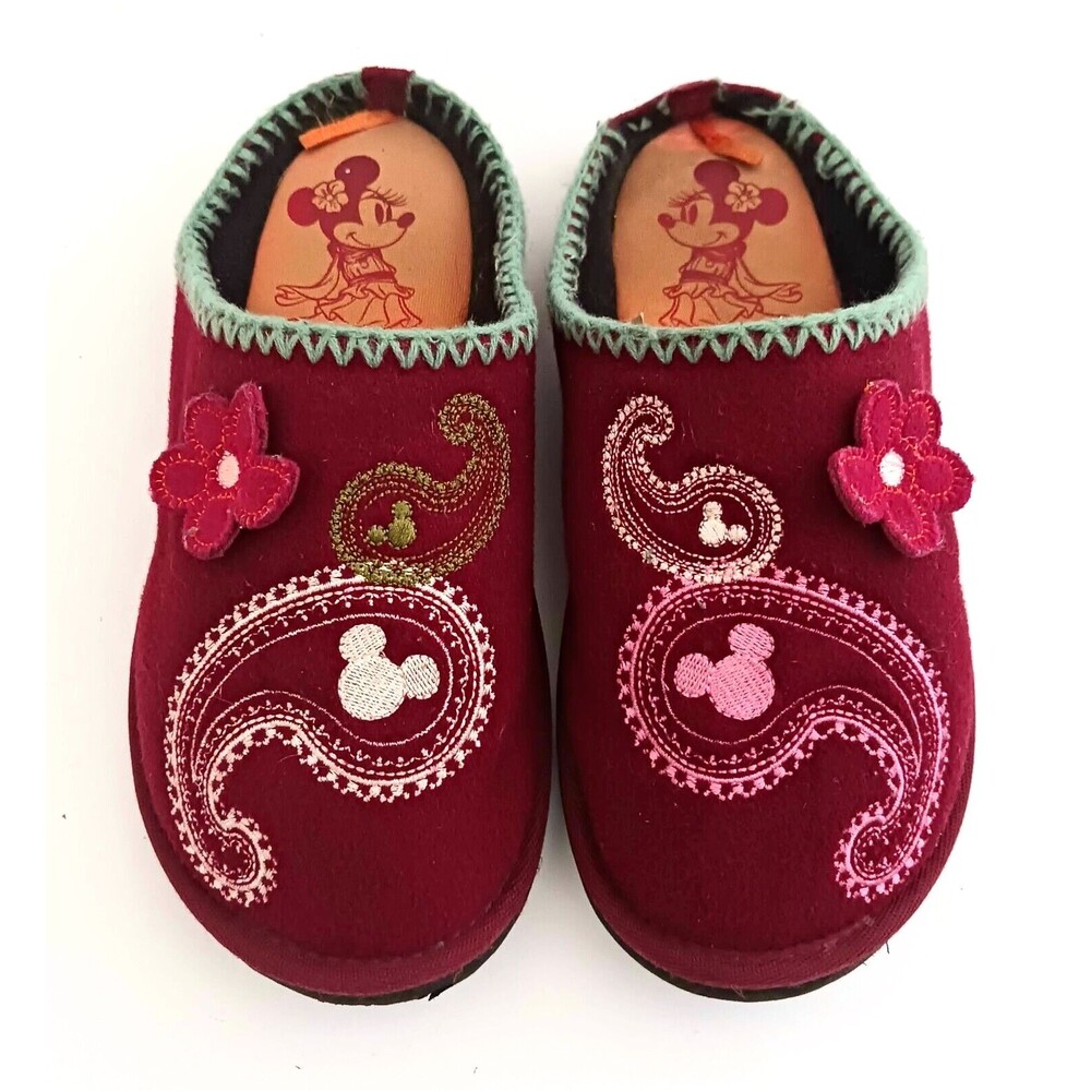 Disney Minnie Embroidered Paisley Dk Red Flat Scuff Slipper 3D Flower Sz S